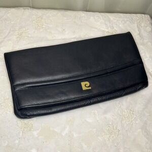 Vintage Pierre Cardin Black Leather Pouch Clutch Purse Bag Gold Hardware